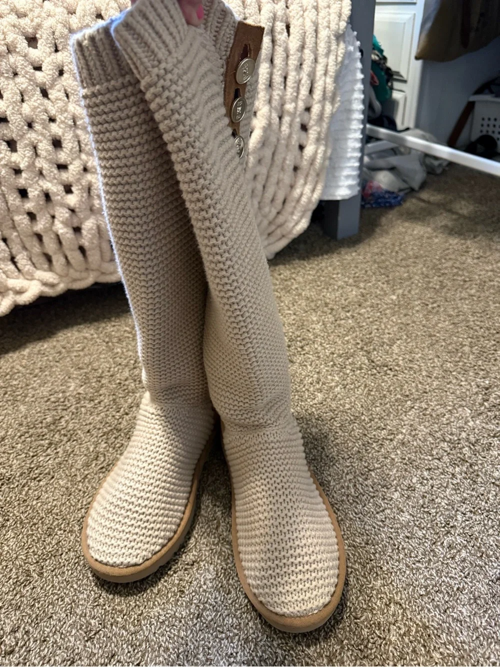 UGG Women's Over-the-Knee Knit Boots in Cream with Button Detail 8